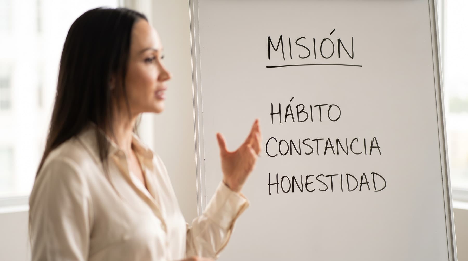 Marisol frente a una pizarra donde está escrita la misión de la marca: hábito, constancia, honestidad